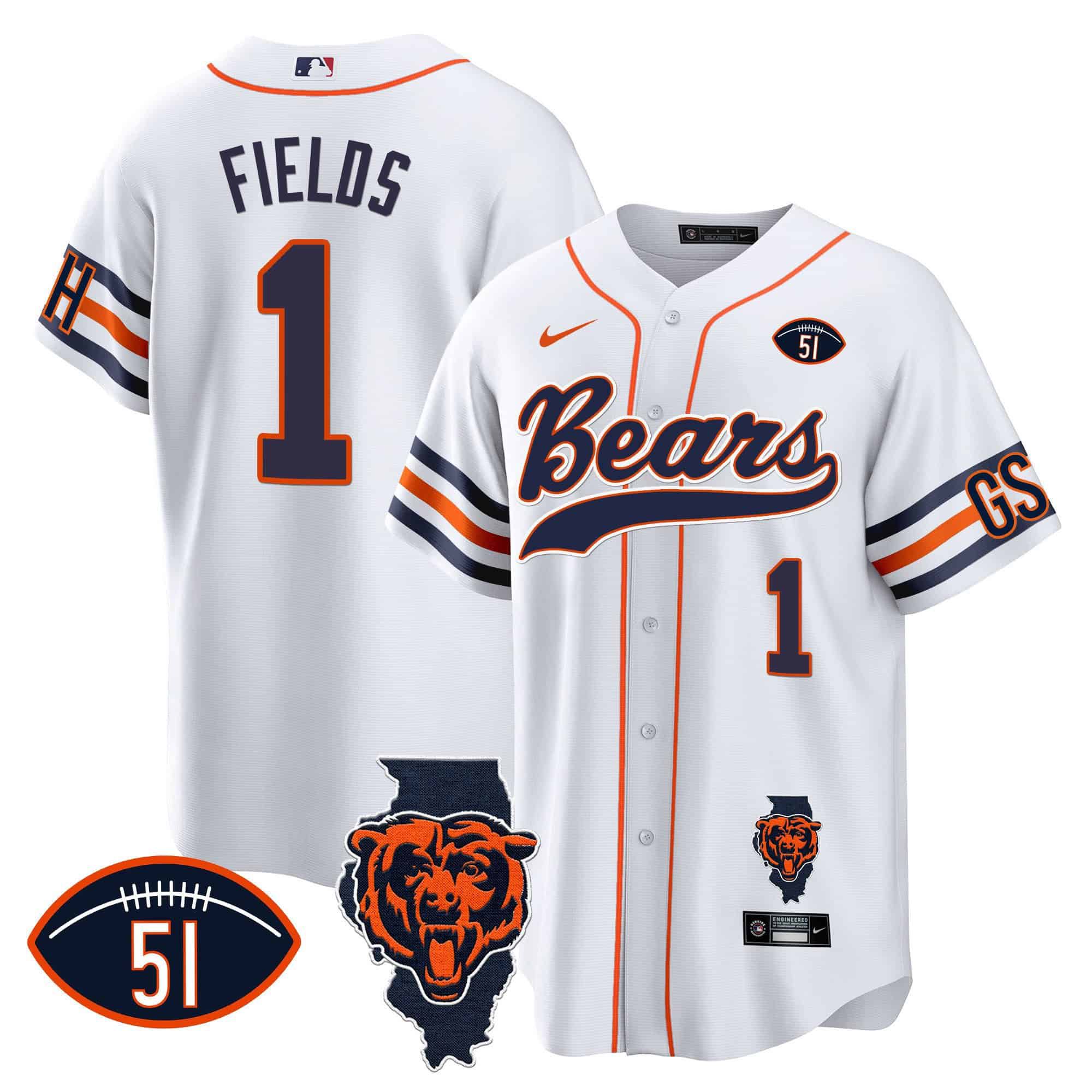Men Chicago Bears #1 Fields White 2024 Nike Patch Baseball NFL Jersey